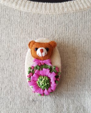 Bear Head Brooch with Pink Flower