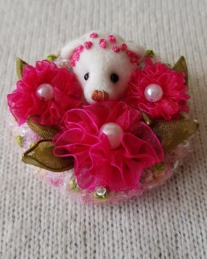 Bear Head Brooch with Pink Flowers