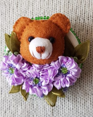Felt Bear Head Brooch with Purple Flowers
