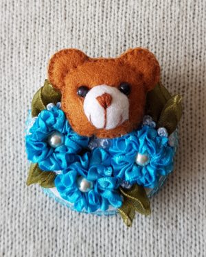 Felt Bear Head Brooch with Blue Flowers